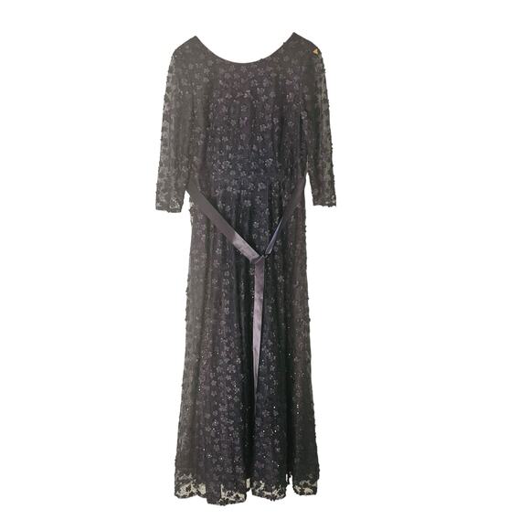 Tahari Floral Appliqué Sequin Three Quarter Sleeve Maxi Dress Size 12 Navy - Picture 2 of 9